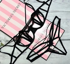 Victoria's Secret Luxe Sheer Cut-Out Strappy Balconet Bra Cheeky Set Black