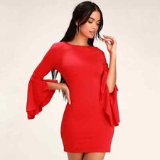 Lulu’s Gimme Some Flair Red Flounce Sleeve Bodycon Dress Size Small