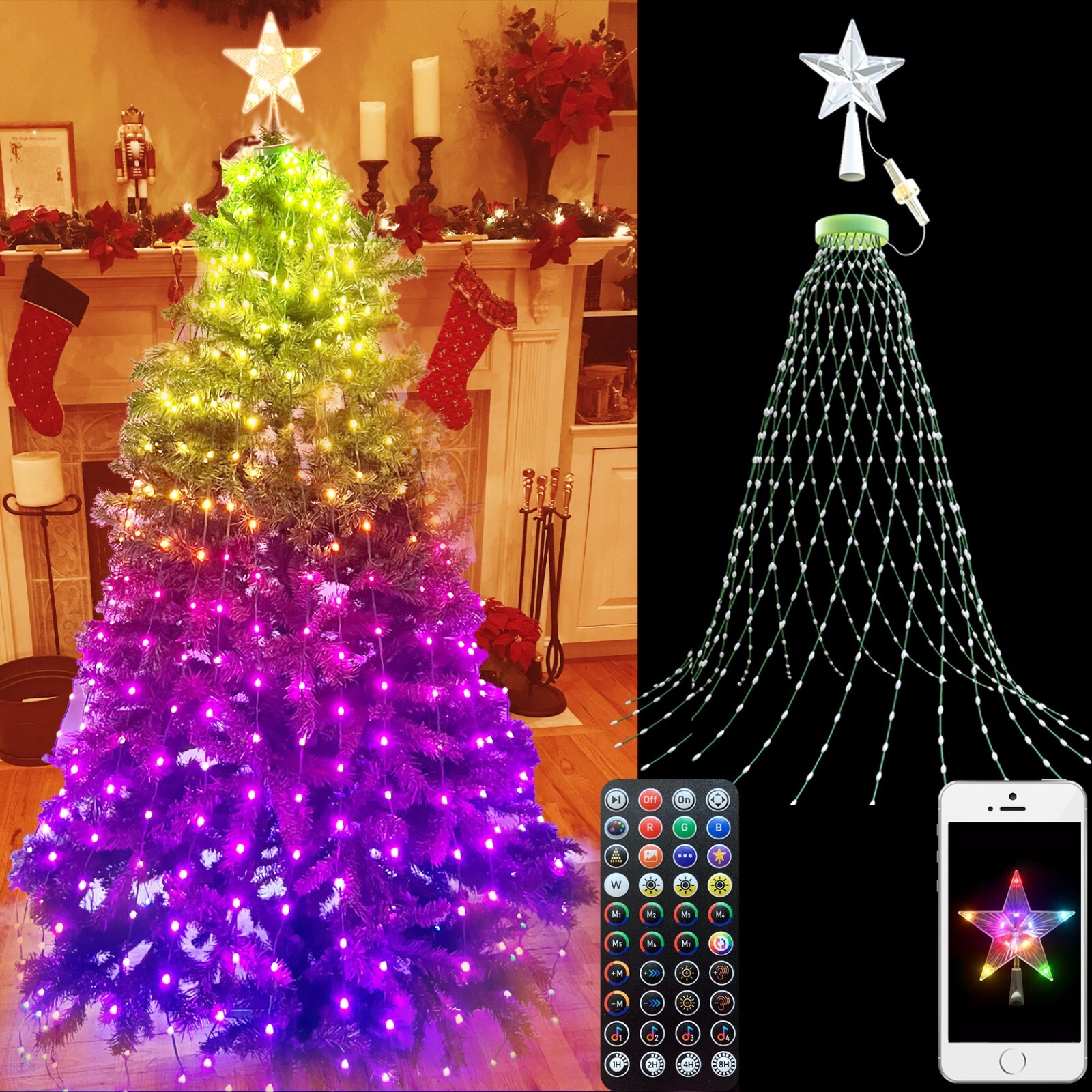 8Ft Christmas Tree Lights with Remote, Christmas Tree Topper Star with
