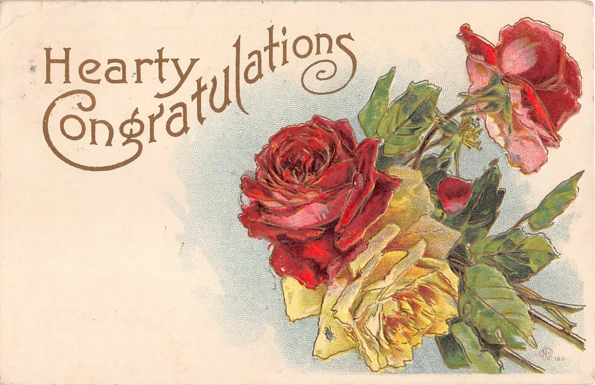 1910 Hearty Congratulations Postcard of Red & Yellow Roses ...