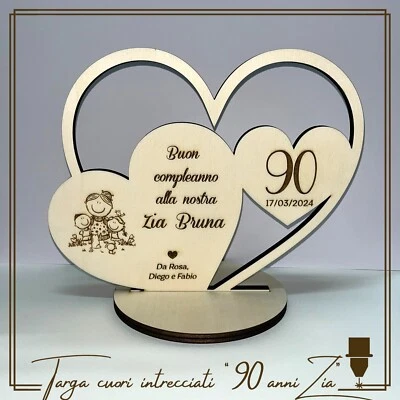 Targa "cuori intrecciati "50/60/70/80/90/100.. ANNI NONNA/ZIA" - legno naturale