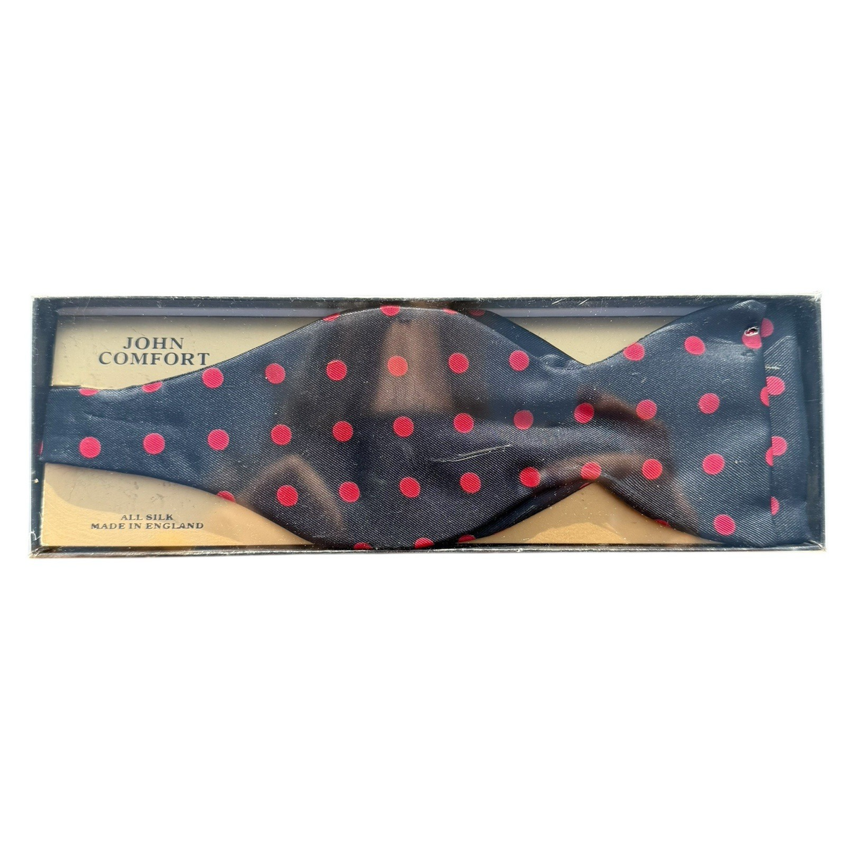 JOHN COMFORT Bow Tie Vintage NOS NIB 100% Silk Navy Red Polka Dot