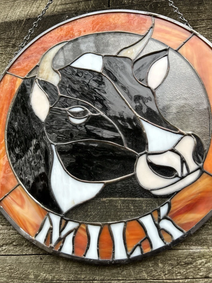 "Vitral hecho a mano negro blanco leche vaca amantes decoración granja de colección 12""" Foto 4 de 4