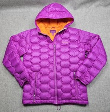 Marmot Jacket Girls XL Purple Hooded Down Puffer 650 Fill Orange Lined Warm