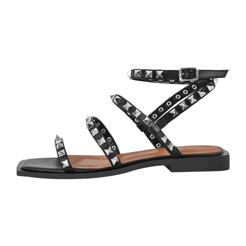 Women Square Open Toe Ankle Strap Flat Sandals Rivets Studded Fashion Shoes US10