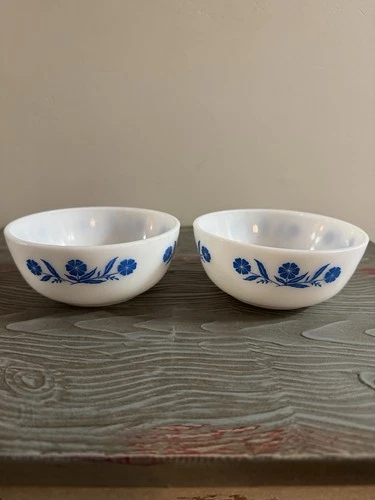 2 Hazel Atlas Blue Cornflower Vintage Milk Glass Bowls MCM