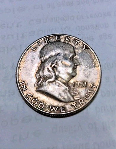 1951 P Silver Ben Franklin Half Dollar Good lite Bronze tone/LiL green corrosion