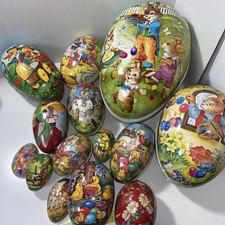 LOT OF 13 VINTAGE GERMAN PAPER MACHE EASTER EGG CANDY CONTAINERS 7.5" 5" 3.25"
