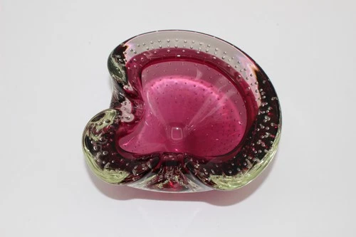 VINTAGE MURANO CRANBERRY/CLEAR ART GLASS BOWL/ASHTRAY-CONTROLLED BUBBLES