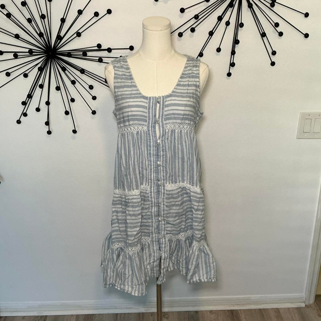Shabby Chic Blue White Striped Tiered Dress Boho Cottagecore Size S