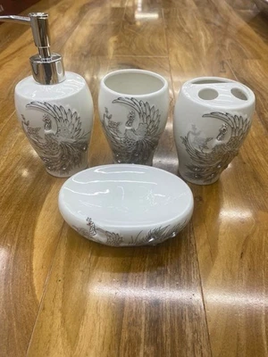 White Diamond Ceramic 4pcs Bathroom Accessories Set, soap dish, dispenser & more - Image 1 of 2