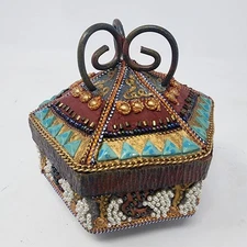Mary Frances Mosaic Embellished Decorative Trinket Painted Box Hexagon