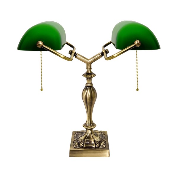 Bankerlampe Tischleuchte GrüN H: 42,5 Cm 2 Schirme E27 Zugschalter Messing Glas-image