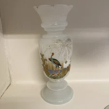 Vintage Style Bristol Glass Vase Hand-painted On Opaque White Scalloped Top 12”