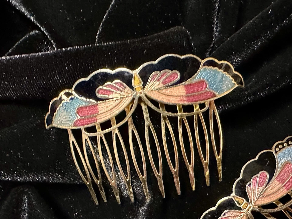 Peines de pelo florales esmaltados cloisonné vintage años 70, tono dorado, juego de 2 Foto 2 de 2