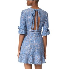 WAYF Blue Lace Bow Tie Open Back Flutter Bell Sleeve Mini Dress Size L