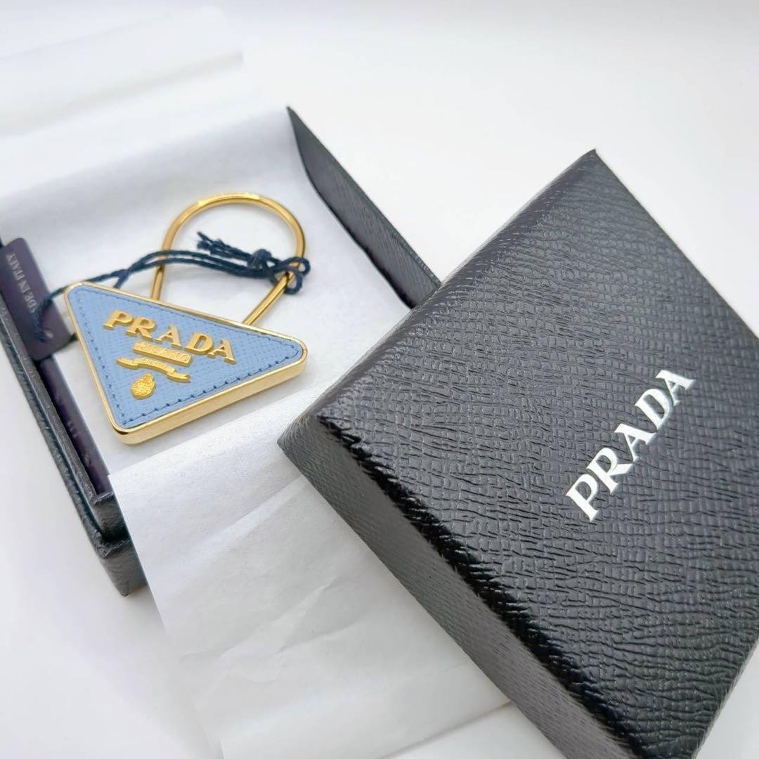 PRADA Triangular Logo Keyring Leather Light Blue Gold Used thumbnail 4