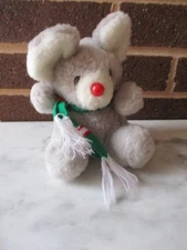 Gray Mouse Plush 7" Tall -Red Plastic Nose-Knit Holiday Neck Scarf 1991 Joelson