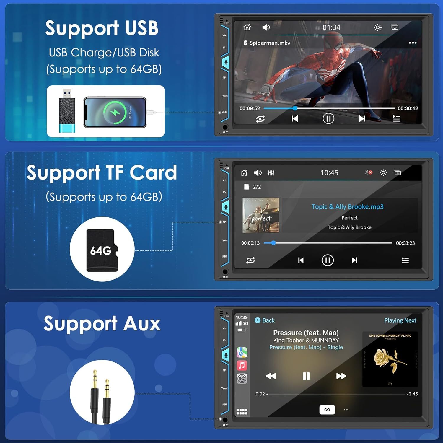 CARPURIDE NEW 7 Inch Double Din Car Stereo Wireless Apple Carplay