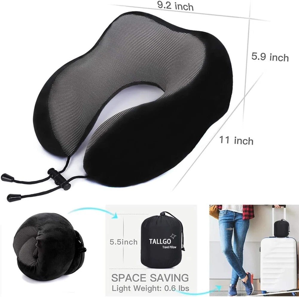 Travel Pillow, Best Memory Foam Neck Pillow Head Support Soft Black