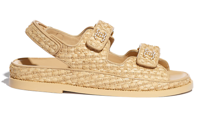 【ママン2121様】レ シーニュ ドゥ シャネル #997 Chanel 21C Beige Raffia Pearl CC Logo Mule Slide Strap Flat Teva