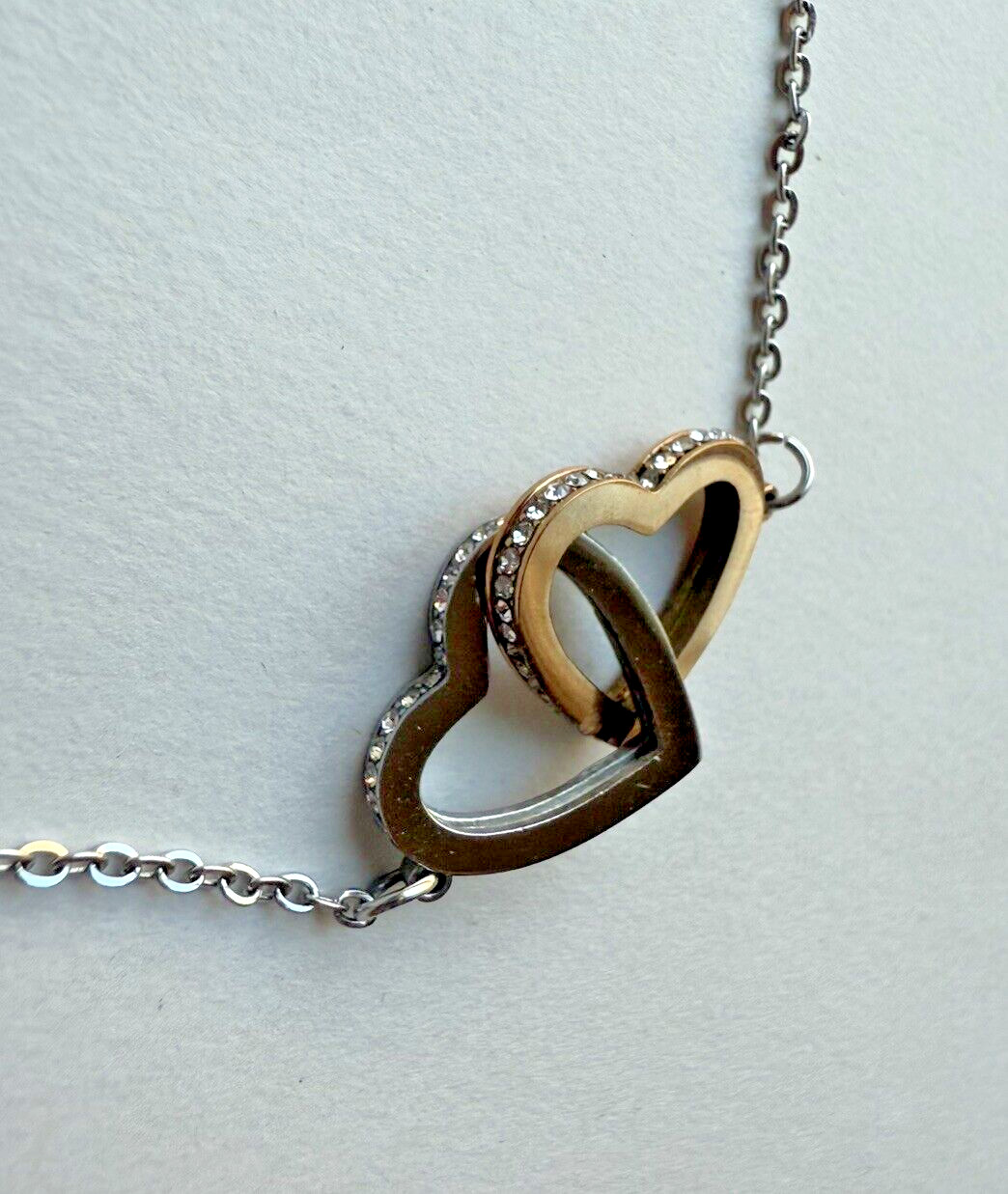 Interlocking Copper Silver Tone Rhinestone Hearts… - image 3