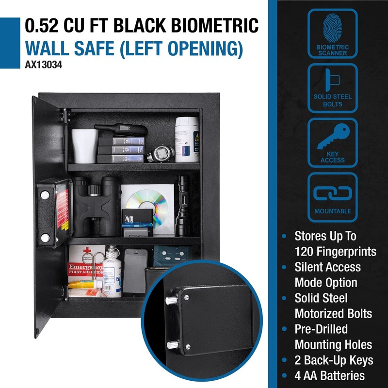 Barska 0.52 Cu. ft Biometric Fingerprint Deadbolt Wall Safe Left Opening AX13034