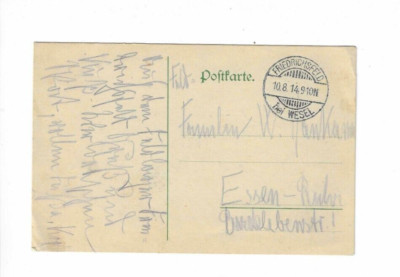 GERMANY 1914 Feldpost sent from Friedrichsfeld to Essen-Ruhr