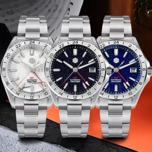 SAN MARTIN SN0129-G-B GMT Automatic Gemstone Dial Date Display 39mm 10ATM Watch - Picture 2 of 44