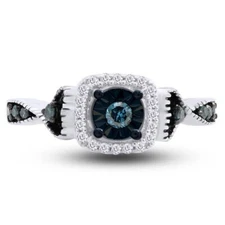 1/20ct Blue & White Natural Diamond Promise Ring 14K White Gold Plated Silver