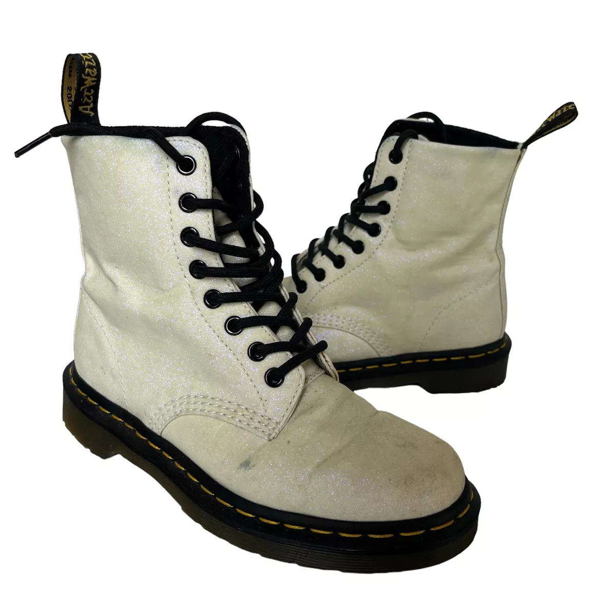 DR. MARTENS PASCAL White Glitter Iridescent Ankle Boots US Size 7 Eu 38 USA SHIP