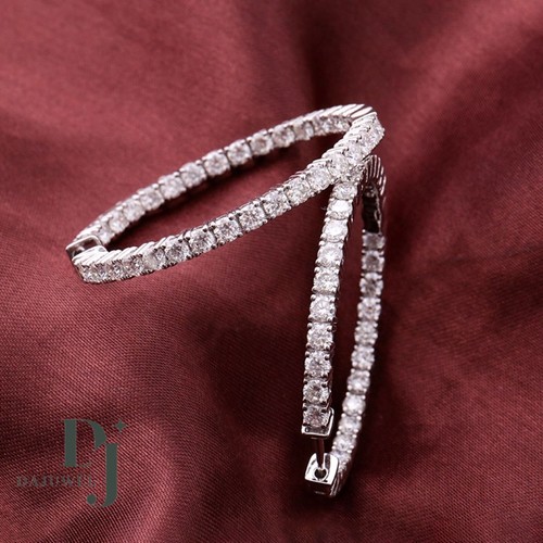 Moissanite Inside Out Hoop Wedding Earrings 3 CT Round Cut Solid 14K White Gold - Picture 2 of 9