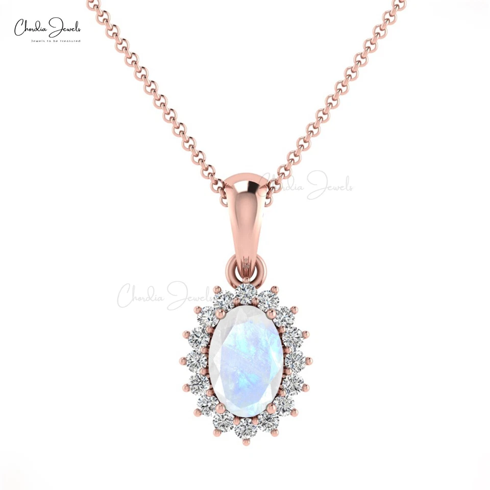 Colgante con halo de diamantes y piedras lunares de corte ovalado de 6x4 mm en oro macizo de 14 k para mujer Foto 3 de 4