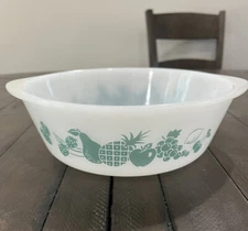 Vintage GLASBAKE US Turquoise FRUIT pattern Nesting MIXING BOWL Milk Glass 2qt