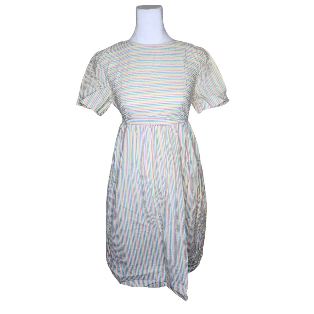 babydoll empire waist dresses Vintage 70s Dress Womens Size M Rainbow Pastel Stripes empire dress Boho Evening Dress Side mothersday2024 trimmed neckline paired with Material:Matte outside