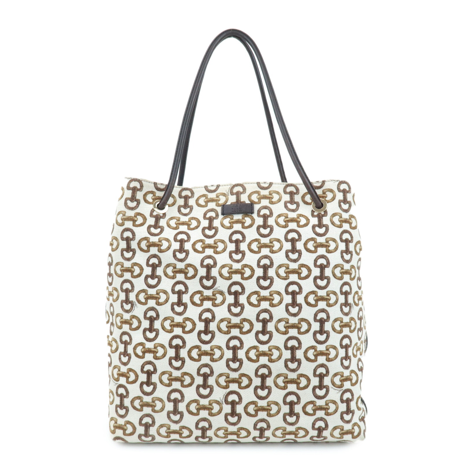 GUCCI Horsebit Tote Bag in Ivory Brown Canvas and Leather 257275 Pre-Owned