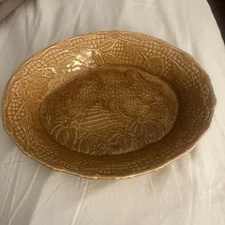 Hallmark Oval Embossed Mustard Color Turkey Pumpkins Scalloped Bowl EUC       r3