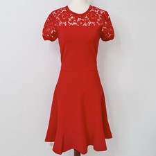 Valentino Red Skater Fit Flare Mini Dress Lace Trim Size S NWT Stretch Italy