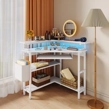 Triangle Corner Desk Computer Desk w/Power Outlets, LED Lights, Keyboard Tray🔥