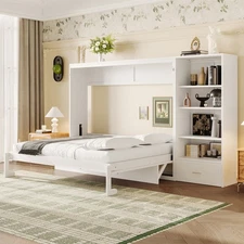 Queen Size Murphy Bed Foldable Wall Bed W/Height Adjustable Storage Compartments