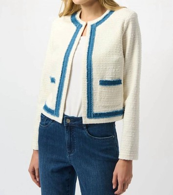 Joseph Ribkoff Denim Trim Textured Bouclé Jacket Off-White
