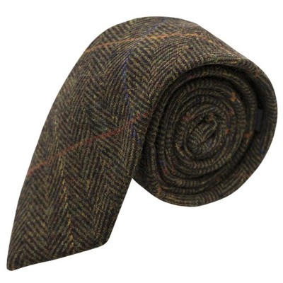 King & Priory Schmale Krawatte Dunkel Olive Grün Fischgrätenmuster, Tweed