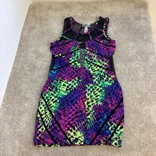 Ladies Lipsy London Bright Purple Green Sleeveless Dress Netted Sides Size UK 8