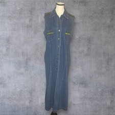 Vintage Contact Jeans Denim Jumper Dress Embroidered Aztec Trim Womens L  Retro
