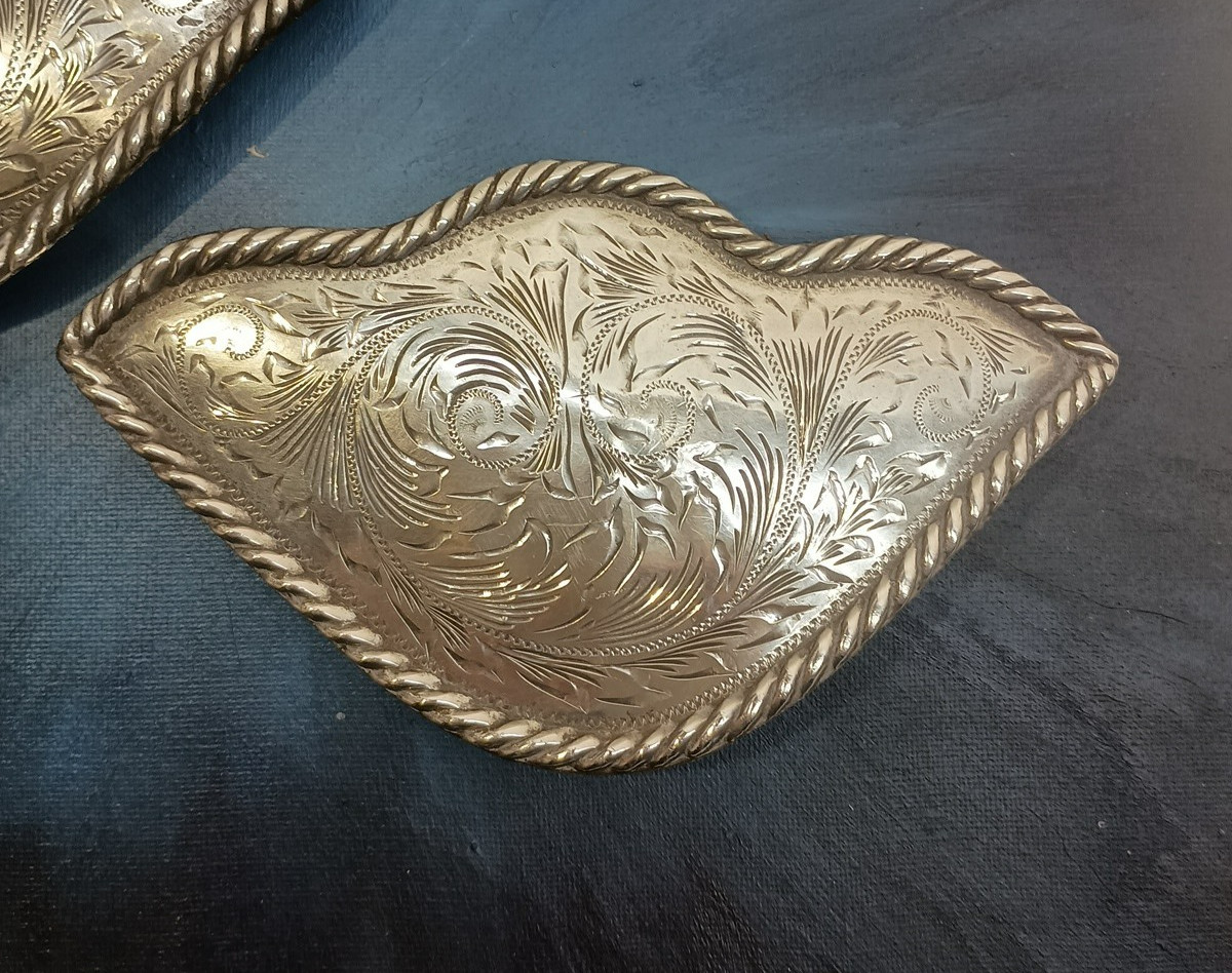 (2) Jalisco 925 Sterling Silver Western Saddle Corner Plates Floral Engraved