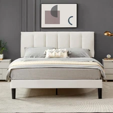 Vecelo Upholstered Platform Bed Frame Twin/Full/Queen with Headboard Wooden Slat