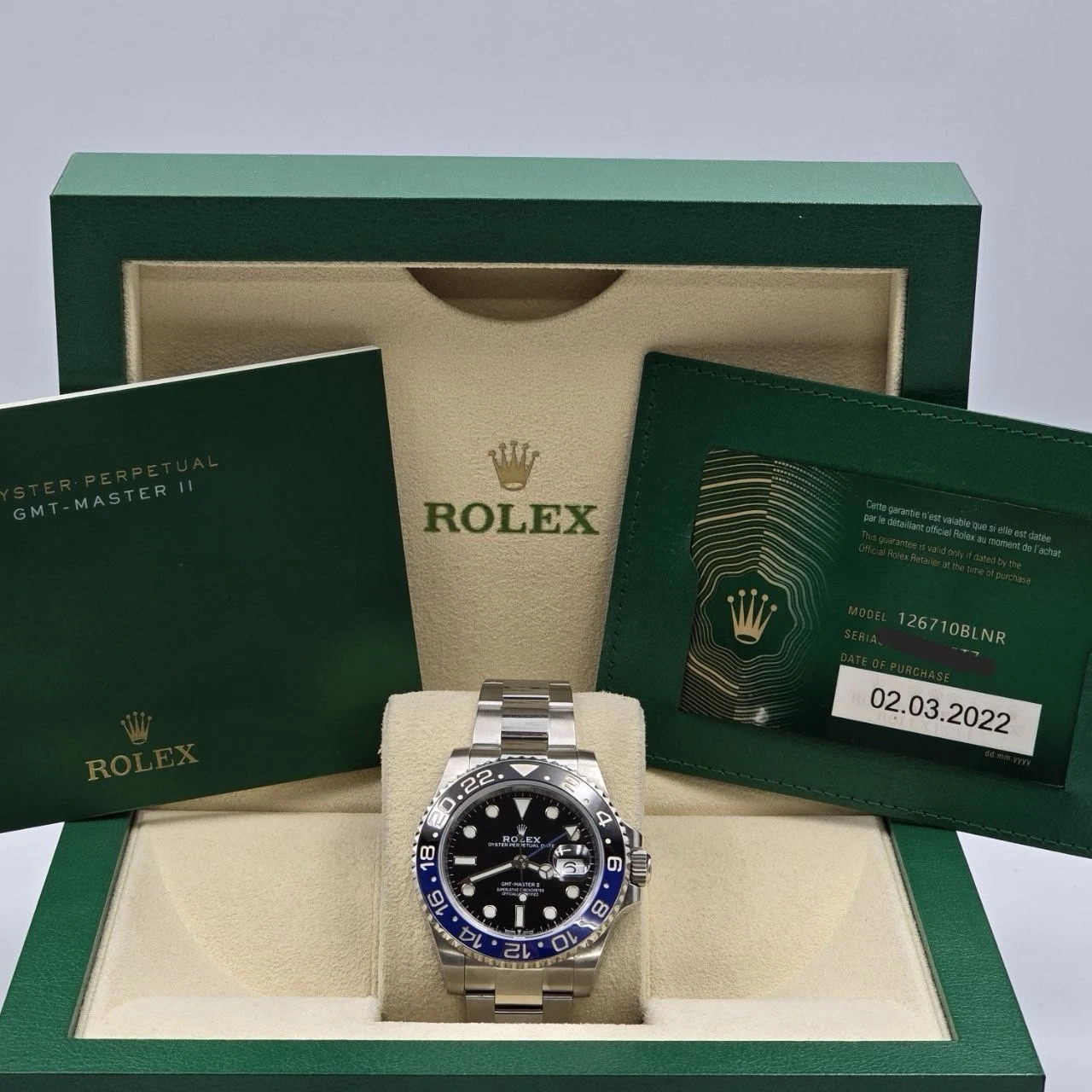 2022 PAPERS Rolex GMT Master II Batman Steel Oyster Bracelet 126710BLNR BOX
