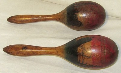 Hand Painted 9 '' Numa Wooden Maracas Pair  Acapulco Mexico 'Forest Creek Gems'