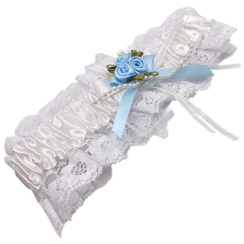 Wedding Garter White Lace Blue Roses Pearls Bridal Hen Party Something Blue - Image 1 of 2
