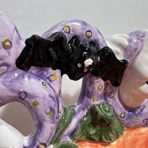 Halloween Candy Dish Pumpkin Ghost Bat - Ceramic Bowl Jack O Lantern - 9.5” - Picture 3 of 10